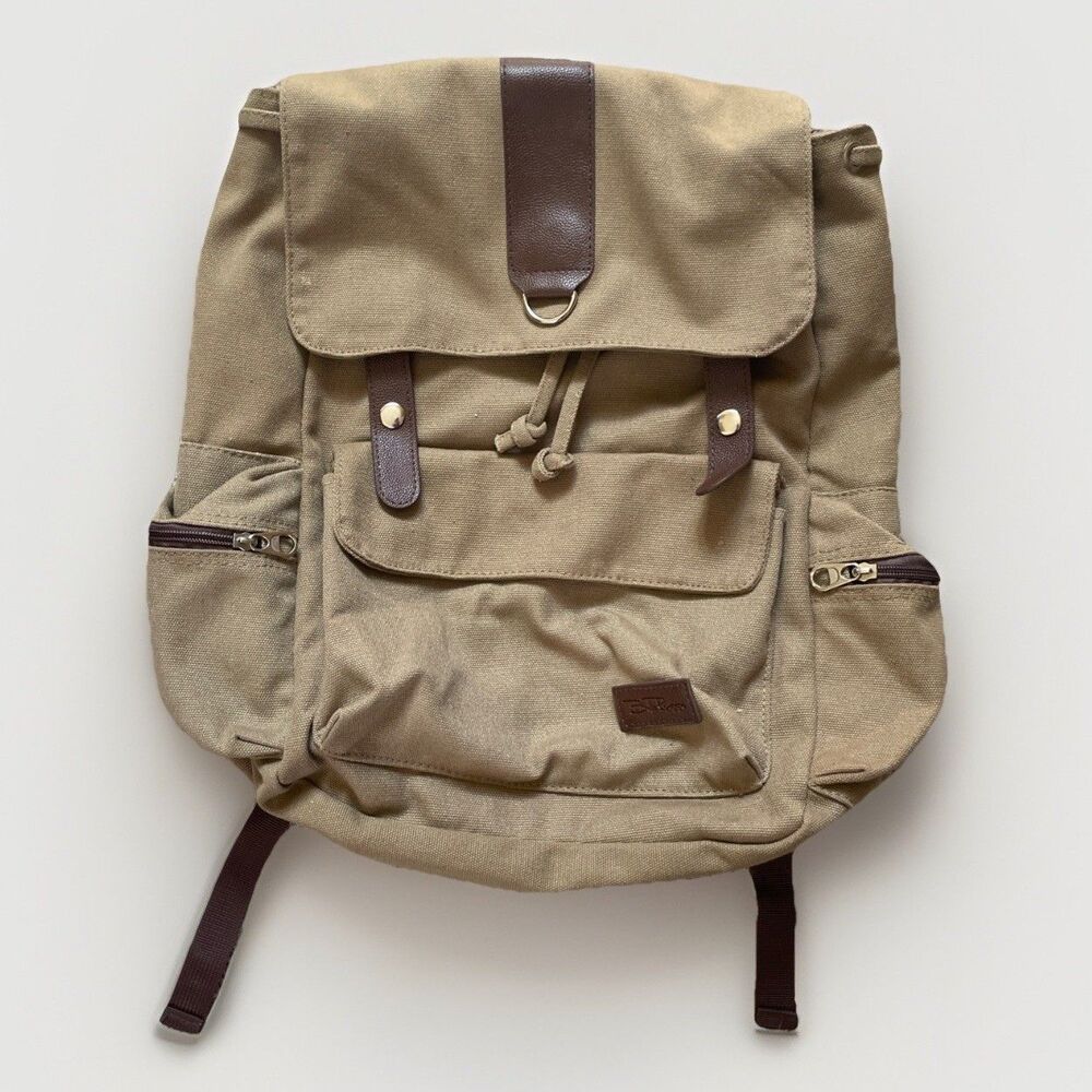 BELLA RUSSO Backpack Unisex Khaki Brown Canvas‎ Drawstring Snap Zippered Pockets